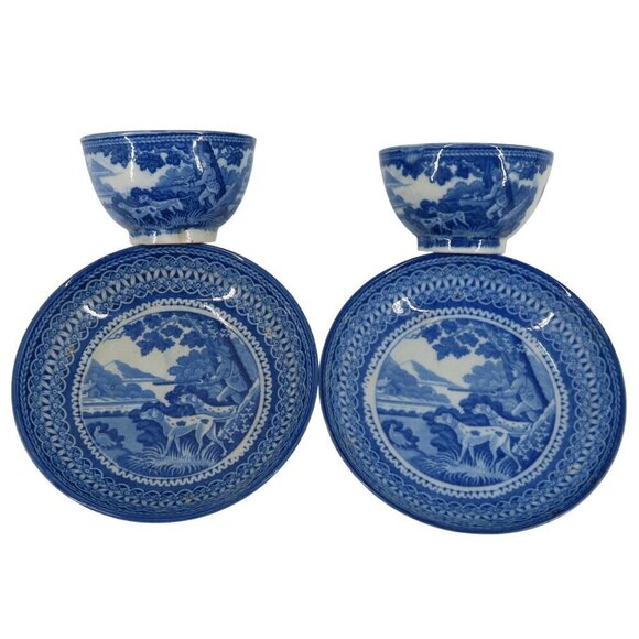 Antique Set of 2 Saucers Cups Blue White Staffordshire Hunting Men Dogs Country - Picture 1 of 16